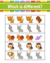 Fototapeta premium Which is different. Educational activity worksheet for kids and toddlers. Game for children. Vector illustration.