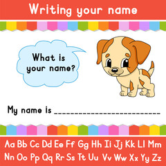 Writing your name. Educational activity worksheet for kids and toddlers. Game for children. Vector illustration.
