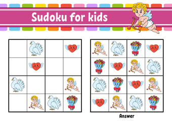 Obraz premium Sudoku for kids. Education developing worksheet. cartoon character. Color activity page. Puzzle game for children. Logical thinking training. Vector illustration.