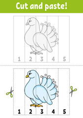 Learning numbers 1-5. Cut and glue. cartoon character. Education developing worksheet. Game for kids. Activity page. Vector illustration.