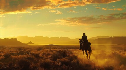 Fototapeta premium A lone cowboy rides a horse through a desert landscape at sunset
