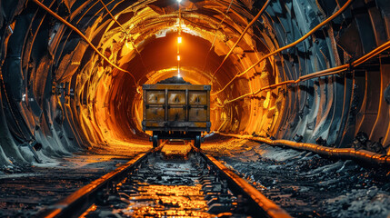 Obraz premium A lone ore cart travels along rails deep within a mine tunnel. The light from the tunnels entrance illuminates the dusty, dark environment