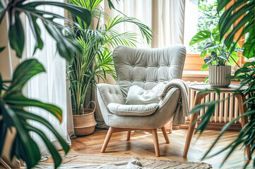 A bright room with a cozy grey armchair surrounded by green indoor plants, with a wooden table nearby. Sunlight streams through a large window, creating a cozy atmosphere