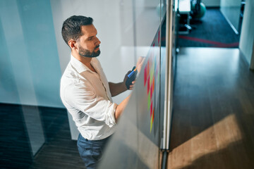 Creative businessman planning business on glass wall in office