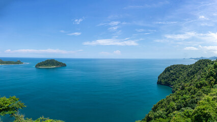 Ocean landscape view from Geurutee mountain in Aceh Jaya, Indonesia. Beautiful seascape and small islands in Aceh. Tropical island in the sea