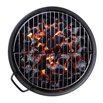 BBQ Grill Pit With Flaming Charcoal Top View Isolated on white Background