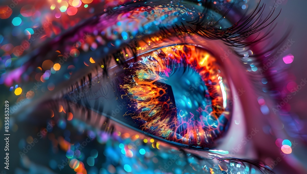 Poster abstract digital eye with colorful bokeh and glowing particles inside the iris, creating an immersiv