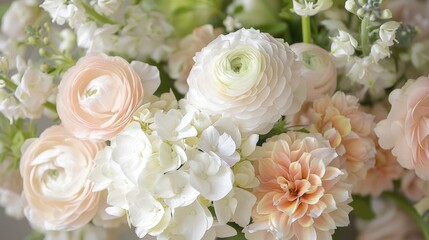 Obraz premium A delicate bouquet of ranunculus hydrangeas and delphiniums exuding a soft and romantic vibe.
