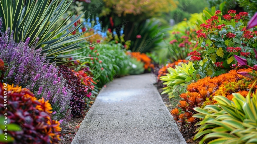 Poster the pathway is surrounded by a colorful array of plants and foliage creating a vibrant and inviting 