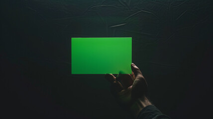 Naklejka premium A hand holds a vibrant green rectangle against a black backdrop, captured with precision and balance.generative ai