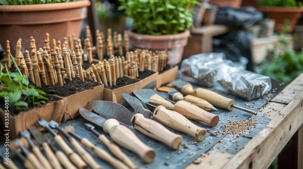 Poster a selection of hand tools with bamboo handles rests on a workbench surrounded by packets of heirloom