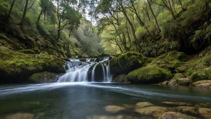 Beautiful waterfalls formed by a river in the area of Galicia, Spain.
