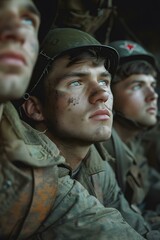 Fototapeta premium Three soldiers in a foxhole during World War II