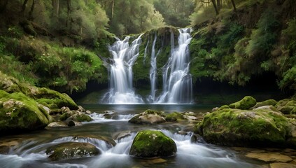 Obraz premium Beautiful waterfalls formed by a river in the area of Galicia, Spain.