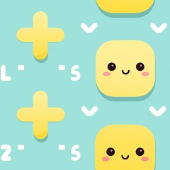 Fototapeta premium Cute yellow smiley faces pattern on a blue background with plus signs, numbers, and white symbols, perfect for children's design.