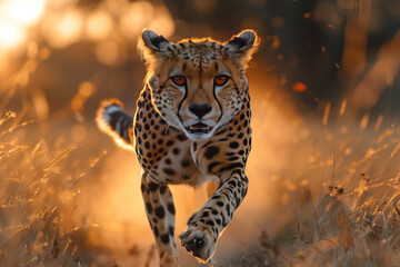 cheetah running in Kruger National Park with the Savannah trees in the background, generative ai