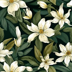 Hand-painted watercolor illustration of white magnolia flowers and buds on a dark green background.