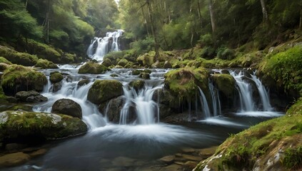 Obraz premium Beautiful waterfalls formed by a river in the area of Galicia, Spain.