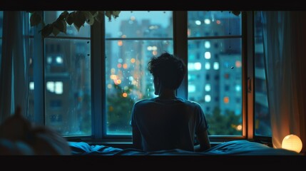 A man sits by a window, looking out at the cityscape
