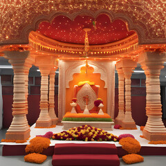 Ganpati bappa mandap decoration auspicious symbols traditional attire colorful lights background
