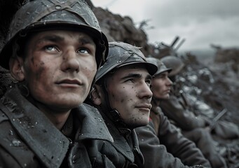 Fototapeta premium Three soldiers in a trench during World War I