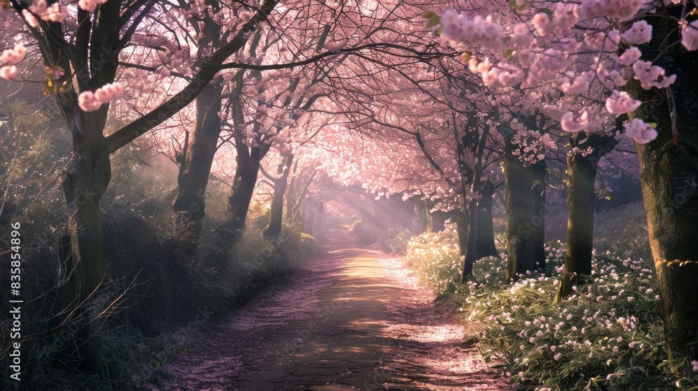Poster the pathway is lined with towering trees their branches full of delicate leaves and fragrant flowers