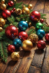 Christmas Ornaments on Rustic Wooden Background