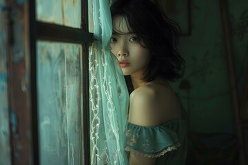 Fototapeta premium A girl with short hair is looking out the window
