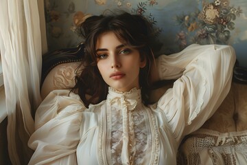 Fototapeta premium Portrait of a young woman in a vintage dress
