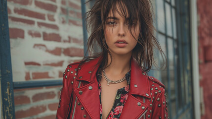 A cropped leather jacket embellished with studs and fringe adds a rebellious edge to a feminine floral dress