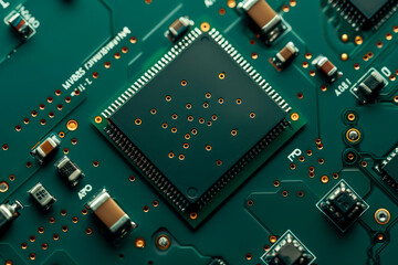 Green electronic circuit board close-up view. Printed Circuit Board with  electrical components.