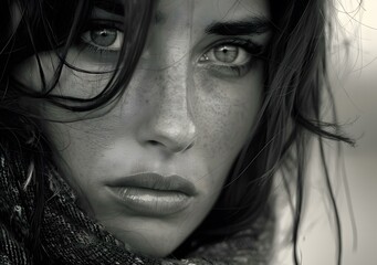 Fototapeta premium Portrait of a young woman with freckles and dark hair