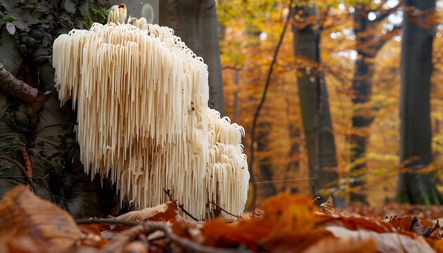 white lion's mane mushrooms growing on the side of an old tree