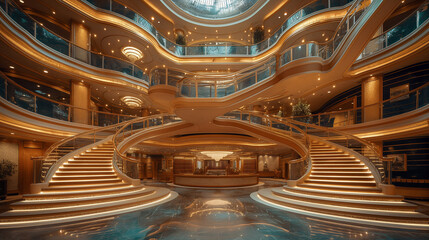 The cruise ship, with its multi-story atrium, features grand staircases and opulent chandeliers