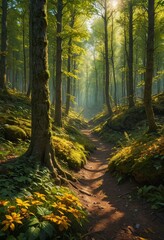 Obraz premium Sunbeams Through the Forest