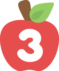 Illustration of cute red apple numbers for kids. Number three.