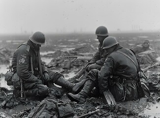 Fototapeta premium Three American soldiers in a muddy foxhole during World War II