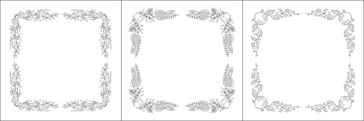 Set of three vegetal vector frames with tropical leaves. Black and white. Vector frame for all sizes and formats. Isolated vector illustration.	
