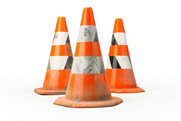 Realistic photograph of a complete Construction cones,solid stark white background, focused lighting
