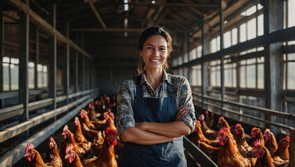 Happy female farmer on a rural farm with poultry and chicken eggs.