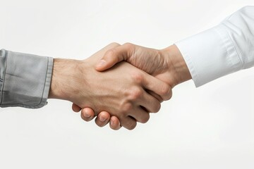Realistic photograph of a complete Handshakes,solid stark white background, focused lighting