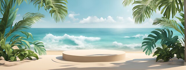 "Beach Podium Summer Background with Sand and 3D Sea Display Platform. Summer Banner Stand Scene with Sale, Sky, Holiday Vacation Stage, Water, Island, Sun, Travel Pedestal, Promotion Presentation Ad.