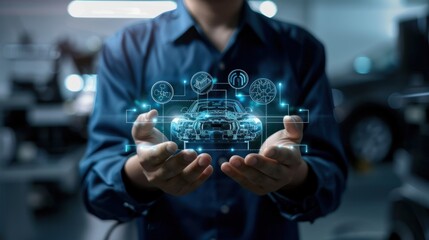 Hand of a mechanic holding a virtual shield with car service icons and checking, the customer service and repair concept.