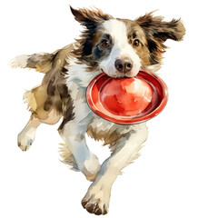 Eager Border Collie Dog with Empty Bowl Waiting for Watercolor Meal