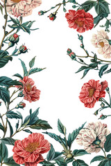 Elegant floral frame with red, pink, and white flowers and green leaves on a transparent background, perfect for invitations or greetings.