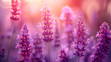 Obraz premium A field of purple flowers with a bright sun in the background. The flowers are in full bloom and the sun is shining brightly on them. The scene is peaceful and serene