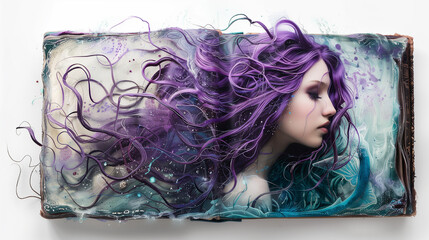 A woman with purple hair is shown in a blue and white background. The image is of a woman with long pink hair, and it is a beautiful and vibrant picture