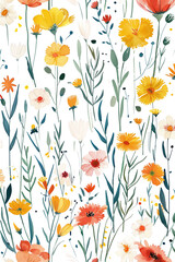 Colorful floral pattern with various flowers, showcasing blooms in yellow, white, pink, and orange against a dark green background.