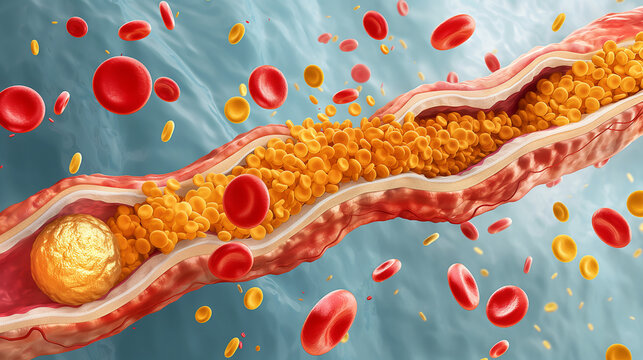 Image of cholesterol, including LDL and HDL, symbolic molecules floating in the bloodstream. The impact of cholesterol levels on health.