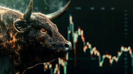 Big bull and stock market. Bull market, Online stock exchange concept. Earnings on the growth of the value of assets